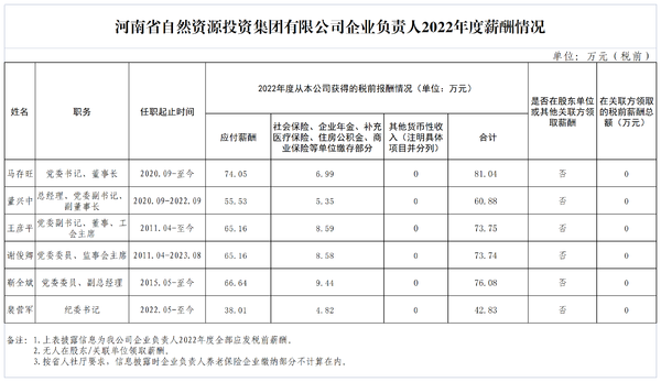 河南省自然资源投资集团有限公司企业负责人2022年度薪酬情况1_Sheet1(1)